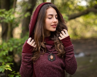 Red Hooded Cardigan Wrap Pixie Jacket With Hand Warmers
