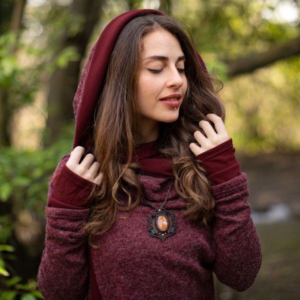 Rote Kapuzen Cardigan Wrap Pixie Jacke mit Handwärmern