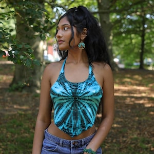 Tie Dye Halterneck Hankerchief Top, Psy Hippie Boho Festival Top, Hoop Yoga Top