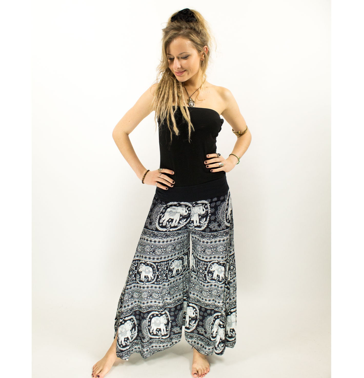 Image of Boho Black Elephant Palazzo Pants, Yoga Hippie Culottes