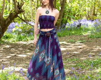 Purple Peacock Maxi Skirt With Coconut Shell Belt