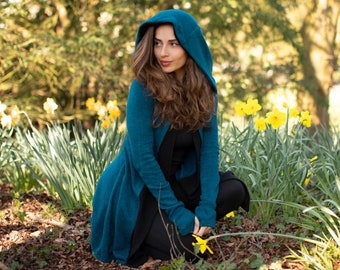 Teal Hooded Pixie Boho Coat Hippie Elf Jacket with Buckle