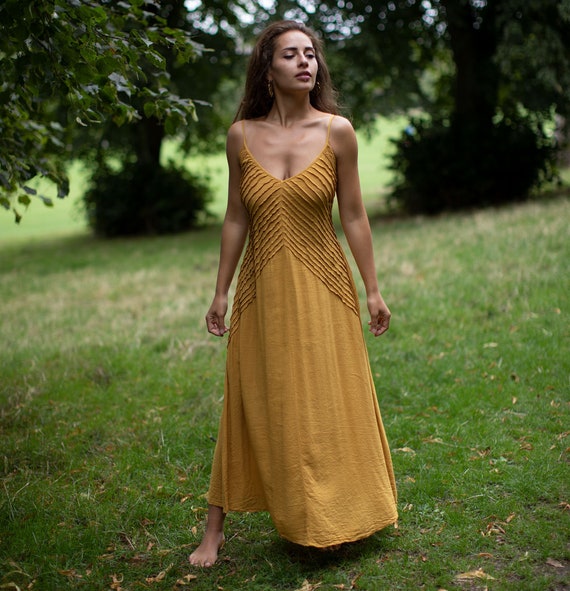 Yellow Hippie Boho Cotton Dress Tribal Long Fitted Dress Etsy