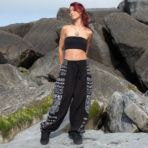 Black Mayan Print Hippie Harem Pants, Parachute Baggy Trousers
