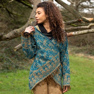 Sky Blue Paisley Cardigan Wrap Jacket, Fringed Shawl Jacket, Boho Pixie Cardigan