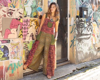 Ohm Mandala Hippie Patchwork Dungarees Palazzao Style Wide Leg