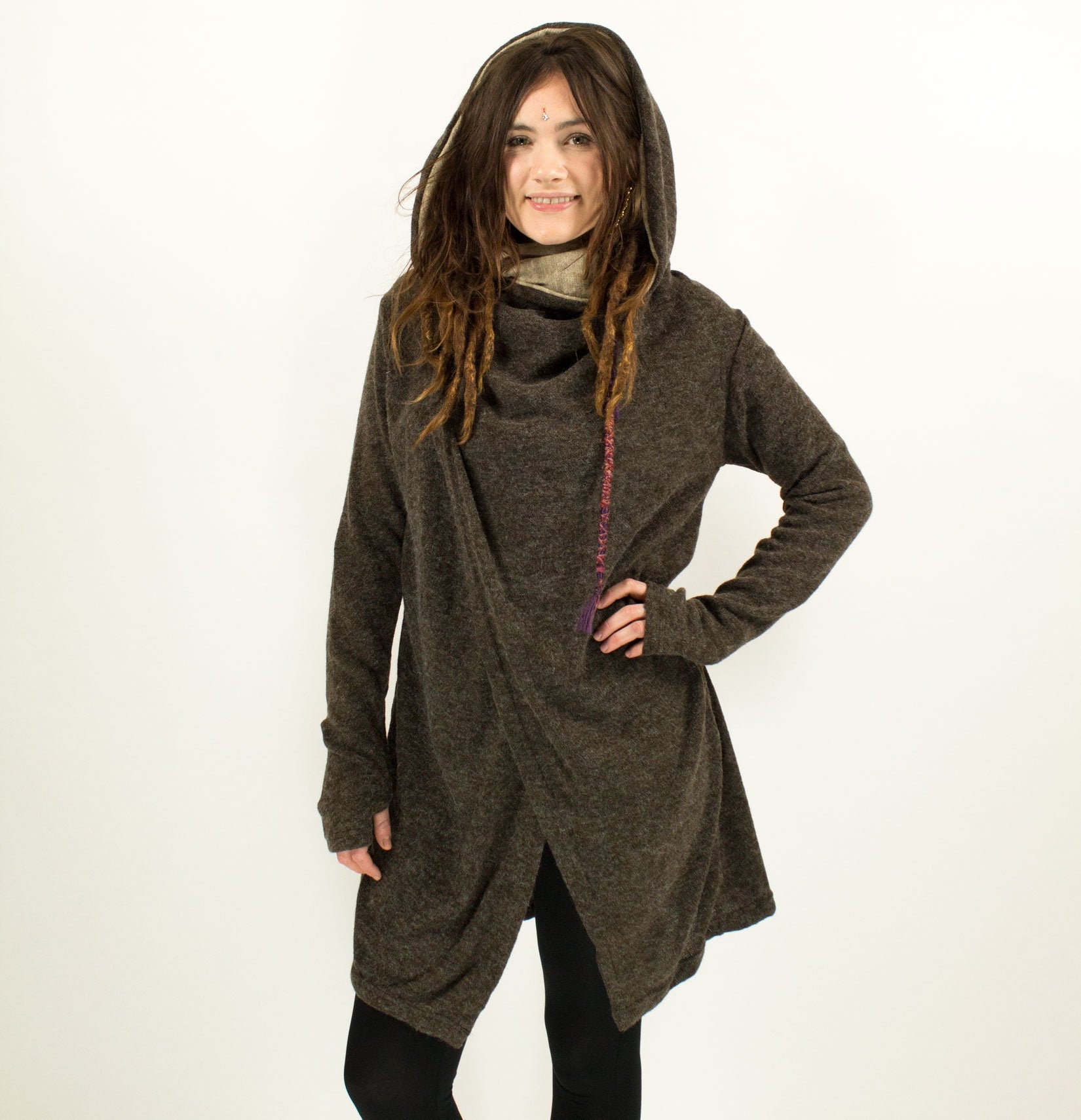 Brown Hippie Pixie Hooded Long Cardigan, Jacket with Handwarmers, Psytrance Tribal Knitwear