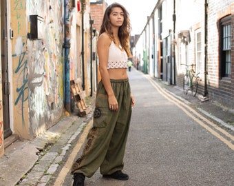 Celestial Print Hippie Harem Pants, Parachute Baggy Trousers Green