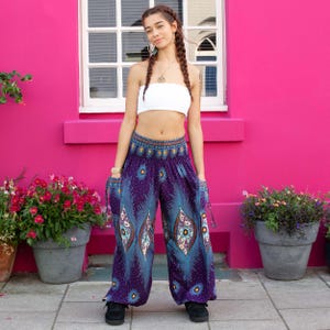 Boho Purple Peacock Print Hippie Yoga Harem Pants