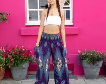 Boho Purple Peacock Print Hippie Yoga Harem Pants