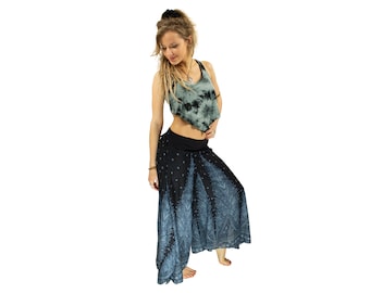 Boho Blue Feather Palazzo Pants, Boho Yoga Pants, Hippie Harem Culottes