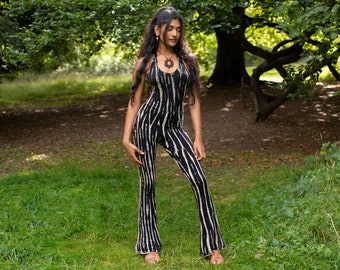 Black Snakeskin Tie Dye Sexy Jumpsuit, Halterneck Flared Catsuit Psy Trance Hippie Festival Jumpsuit