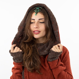 Sienna Orange Lace Crochet Hooded Hippie Cardigan, Psy Trance Jacket, Boho Knitted Wap