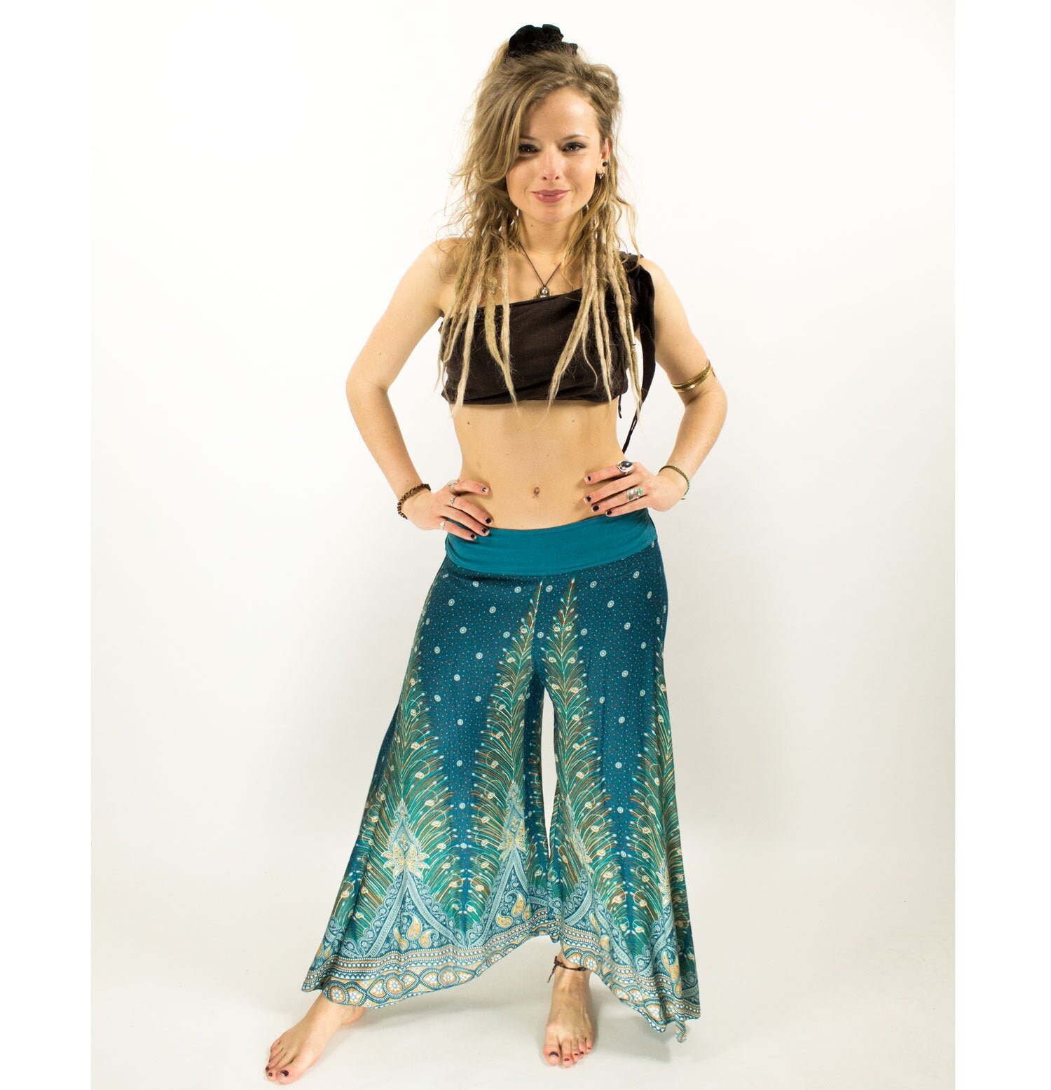 Image of Boho Peacock Feather Turquoise Palazzo Pants, Yoga Hippie Culottes