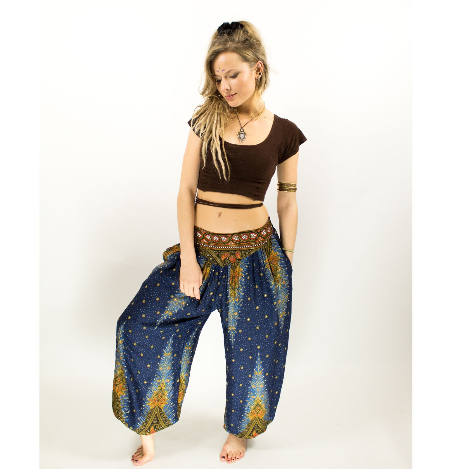 Image of Boho Peacock Feather Red Hippie Yoga Harem Pants