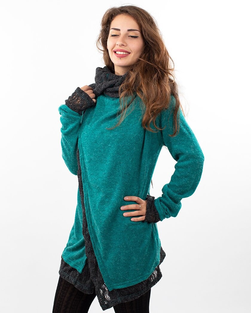 Image of Turquoise Lace Crochet Hooded Hippie Cardigan, Psy Trance Jacket, Boho Knitted Wrap