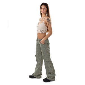 Green Flared Cargo Pants Camo Bellbottom Low Rise Trousers