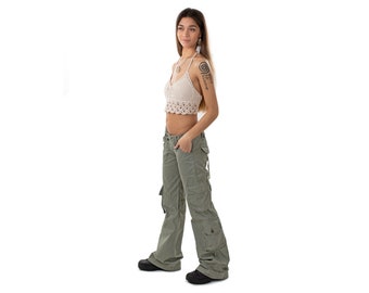 Green Flared Cargo Pants Camo Bellbottom Low Rise Trousers