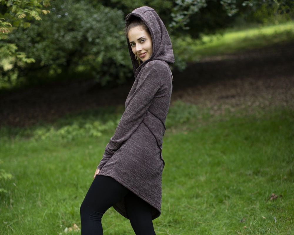 Image of Brown Hooded Pixie Asymmetric Boho Dress, Hippie Knitted Dress With Hand Warmers