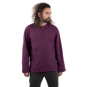 Dark Purple Hippie Collarless 100% Cotton Long Sleeved Shirt Ethnic Mens Shirt