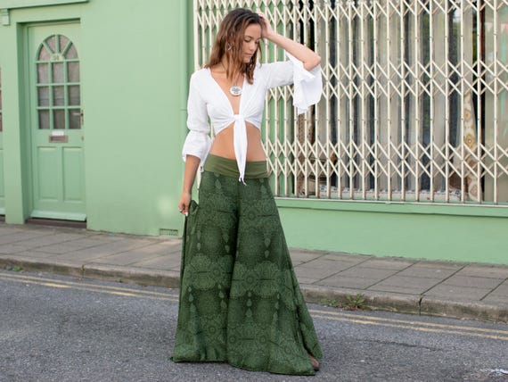 Green Palazzo Trousers Yoga Pants Paisley Trousers Hippie Pants