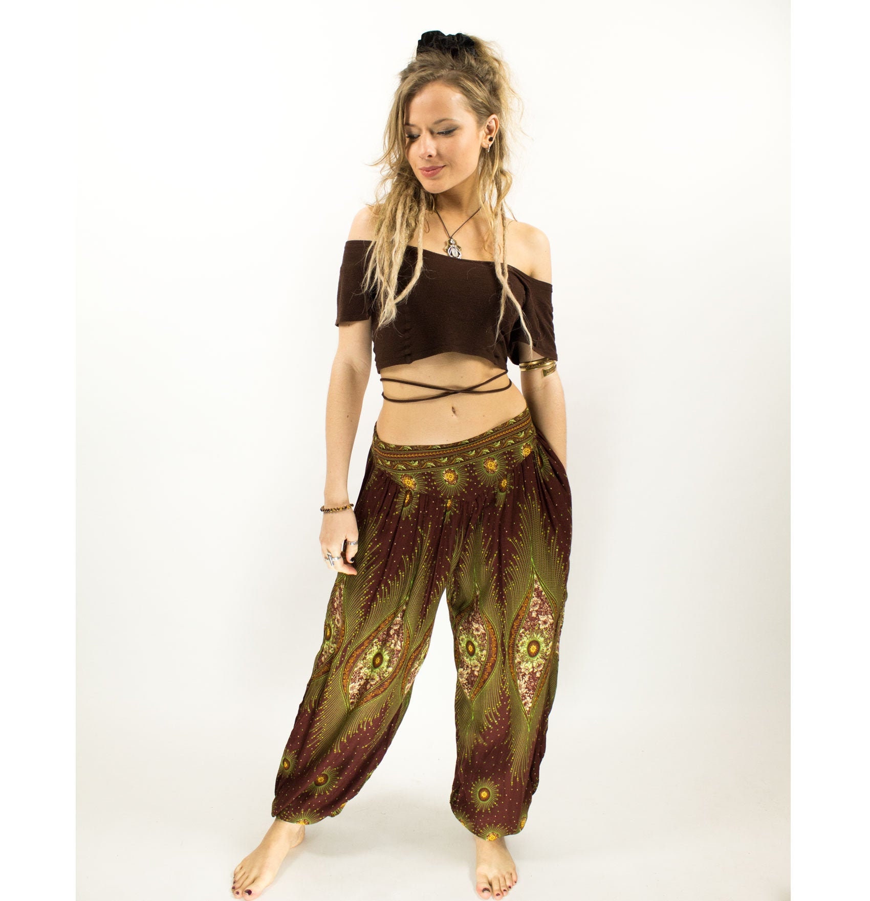 Image of Boho Brown Peacock Print Hippie Yoga Harem Pants