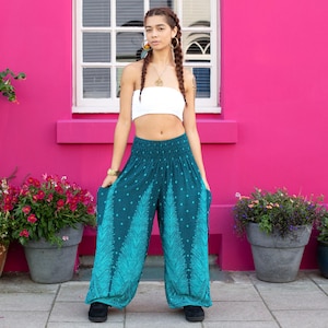 Turquoise Feather Hippie Harem Pants, Yoga Harem Pants