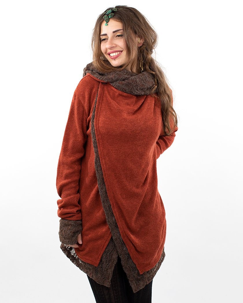 Image of Sienna Lace Crochet Hooded Hippie Cardigan, Psy Trance Jacket, Boho Knitted Wap