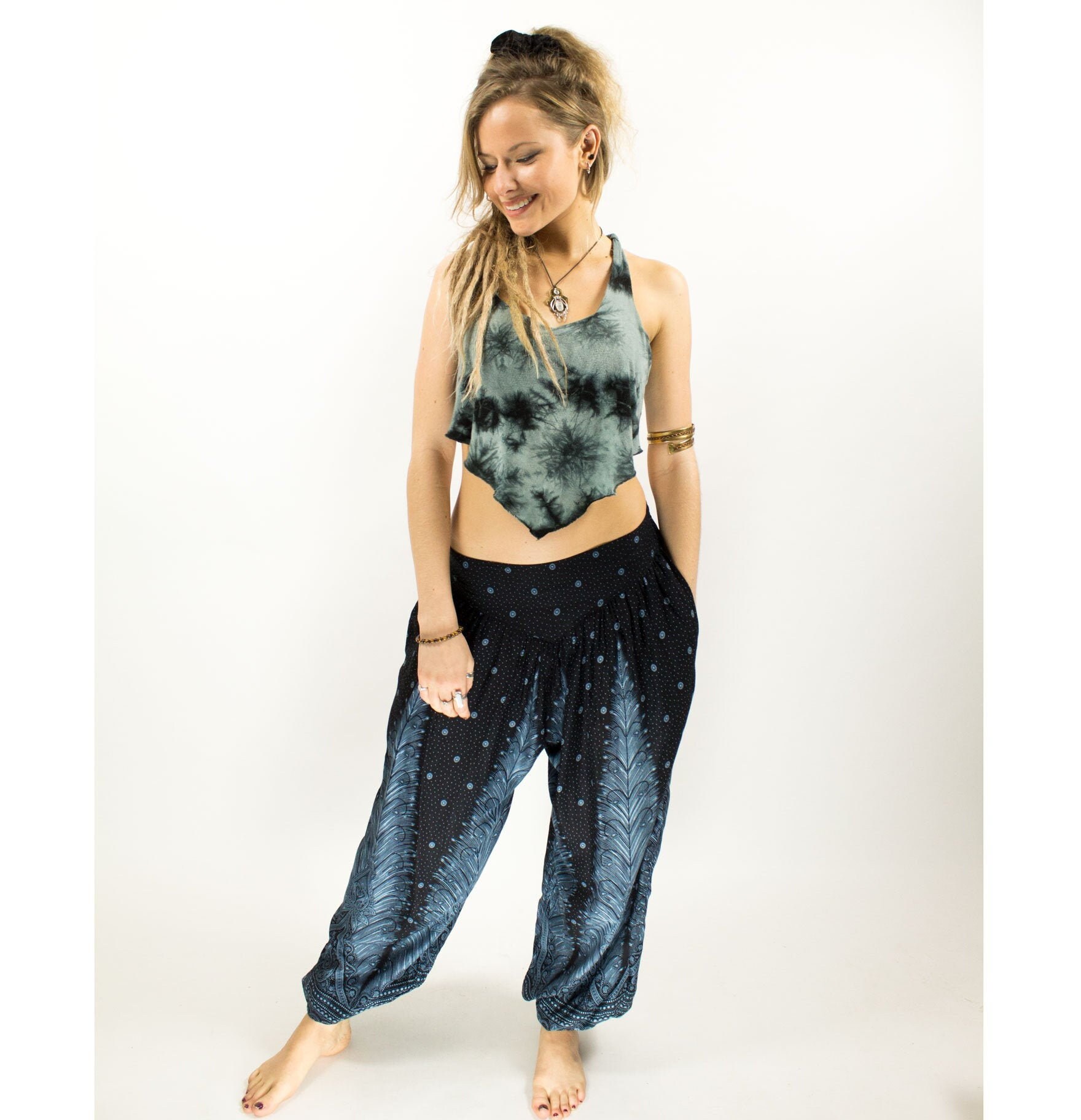 Image of Boho Black Feather Hippie Yoga Harem Pants