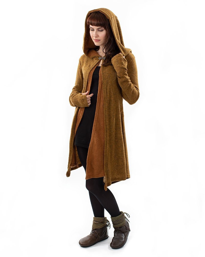 Image of Hooded Pixie Coat, Hippie Elf Jacket With Buckle Yellow, Ochre Knitwear