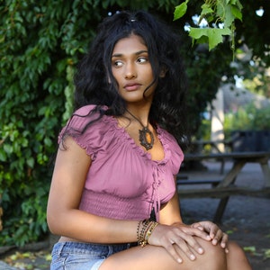 Pink Boho Whimsy Crop Top, Off The Shoulder Cotton Pagan Top,  Bohemian Blouse, Bardot Top