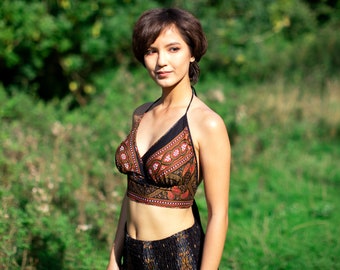 Black Bikini Crop Top, Indian Paisley Print, Hippie Psy Trance Crop Top