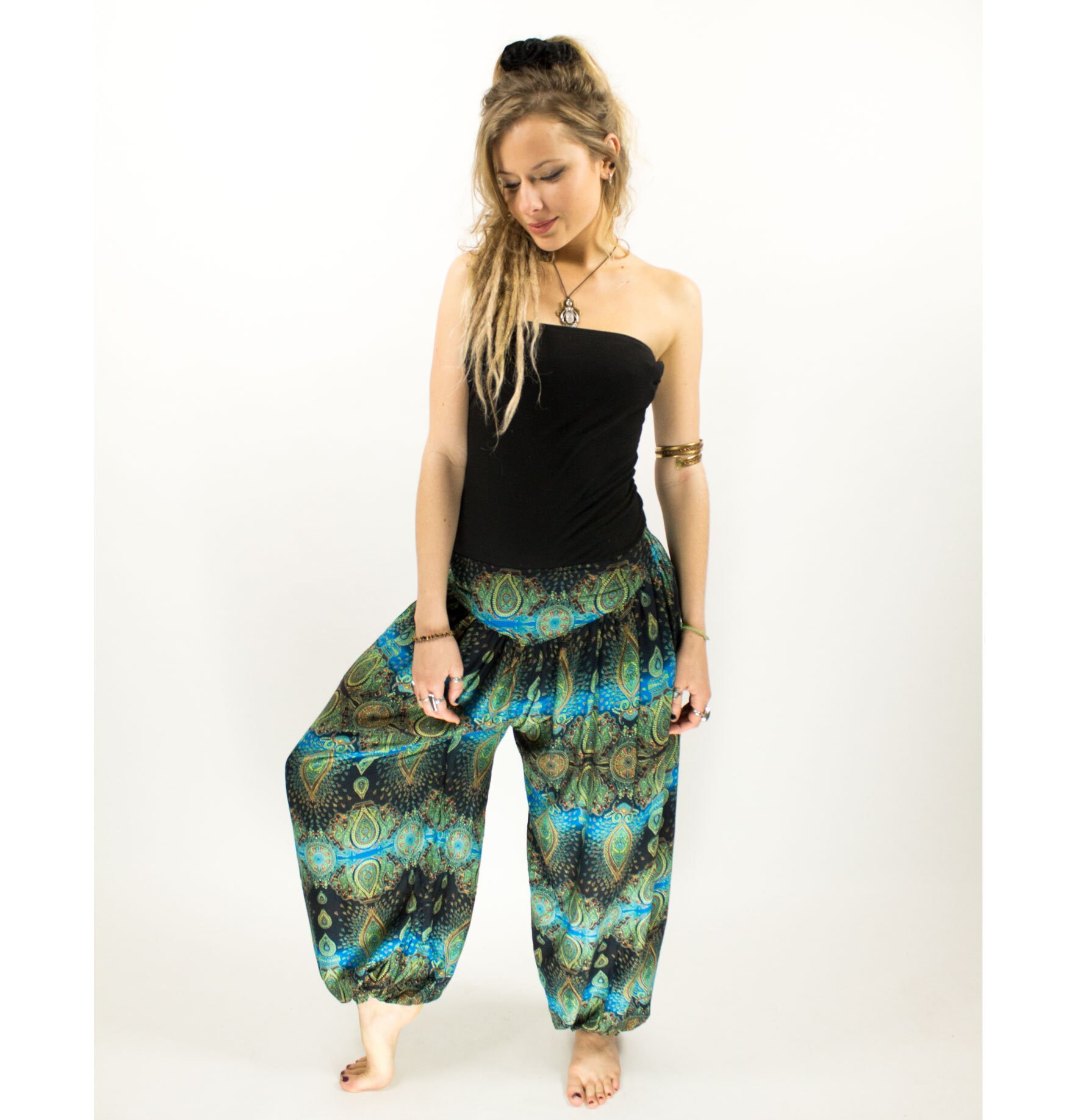 Image of Boho Blue Peacock Feather Harem Pants