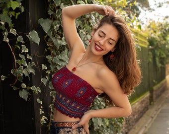 Red Boho Bandeau Tube Top, Hippie Festival Boob Tube, Strapless Crop Top
