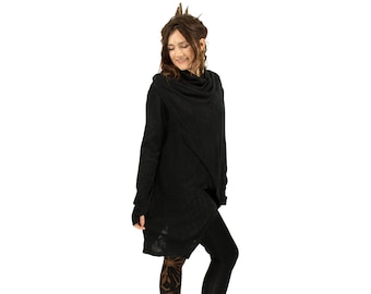 Black Pixie Long Cardigan, Psytrance Jacket with Hand Warmers, Boho Hippie Knitwear