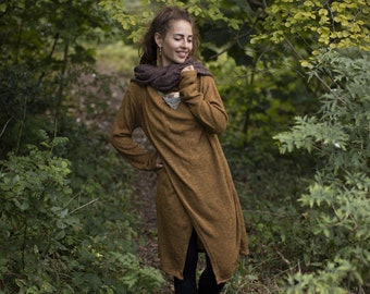 Cárdigan largo con capucha en color marrón camel, cárdigan hippie psytrance, chaqueta bohemia en tonos tierra