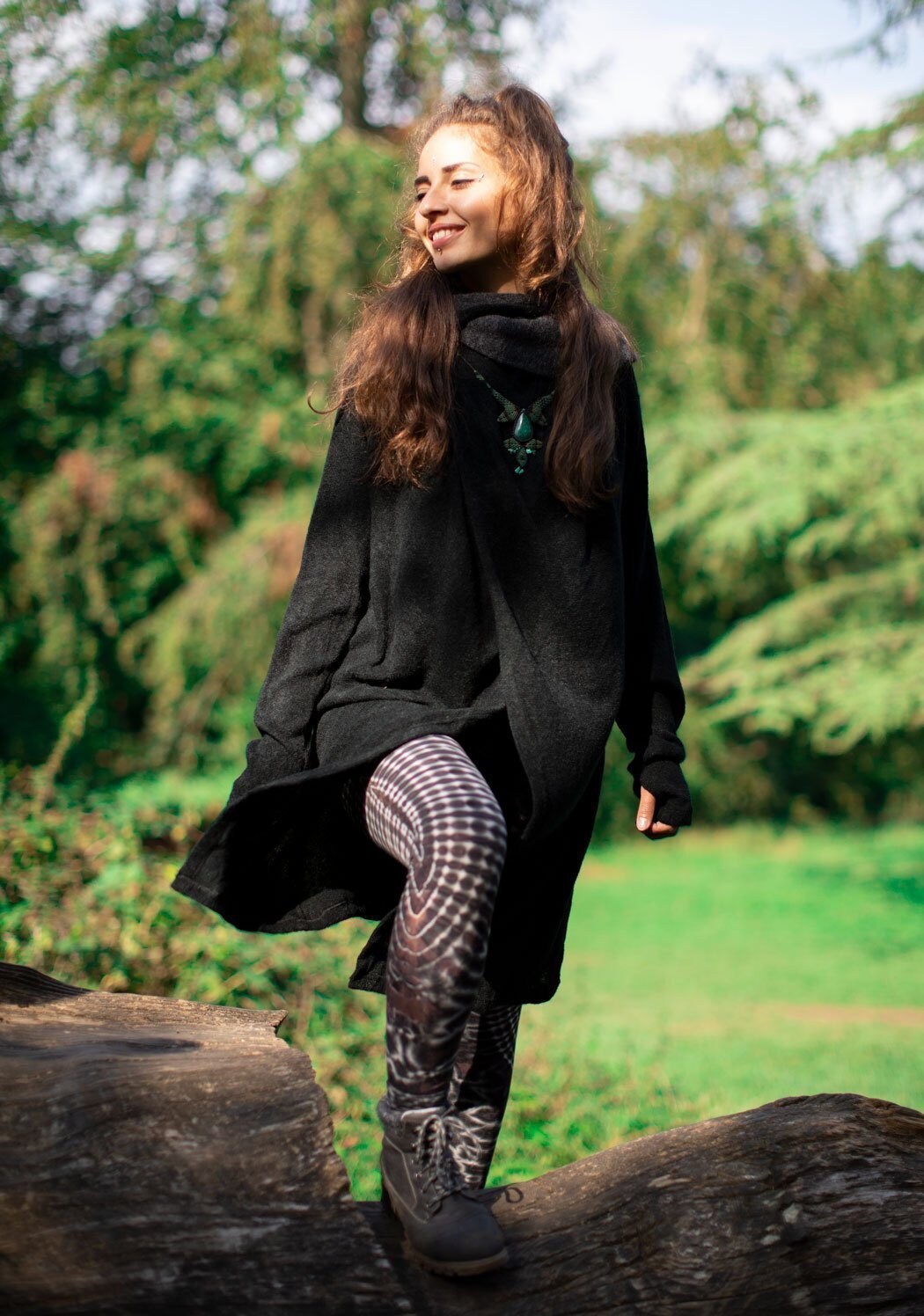 Image of Black Hooded Long Cardigan, Hippie Psytrance Wrap Jacket, Boho Knitted Jacket