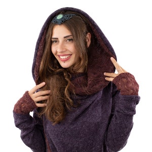 Purple/Red Lace Crochet Hooded Hippie Cardigan, Psy Trance Jacket, Boho Knitted Wrap