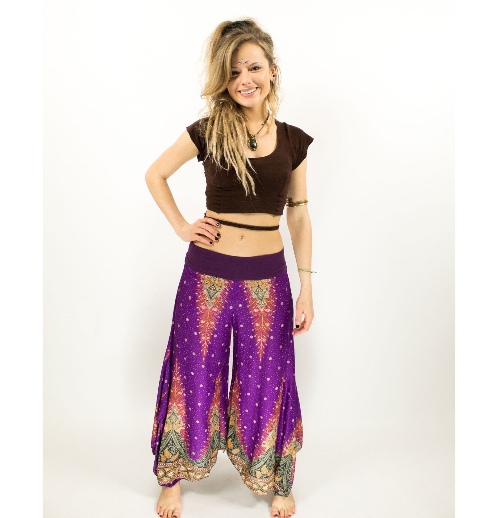 Image of Boho Peacock Purple Palazzo Pants, Yoga Hippie Culottes