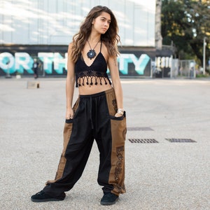 Black Aztec Print Hippie Harem Pants, Parachute Baggy Trousers