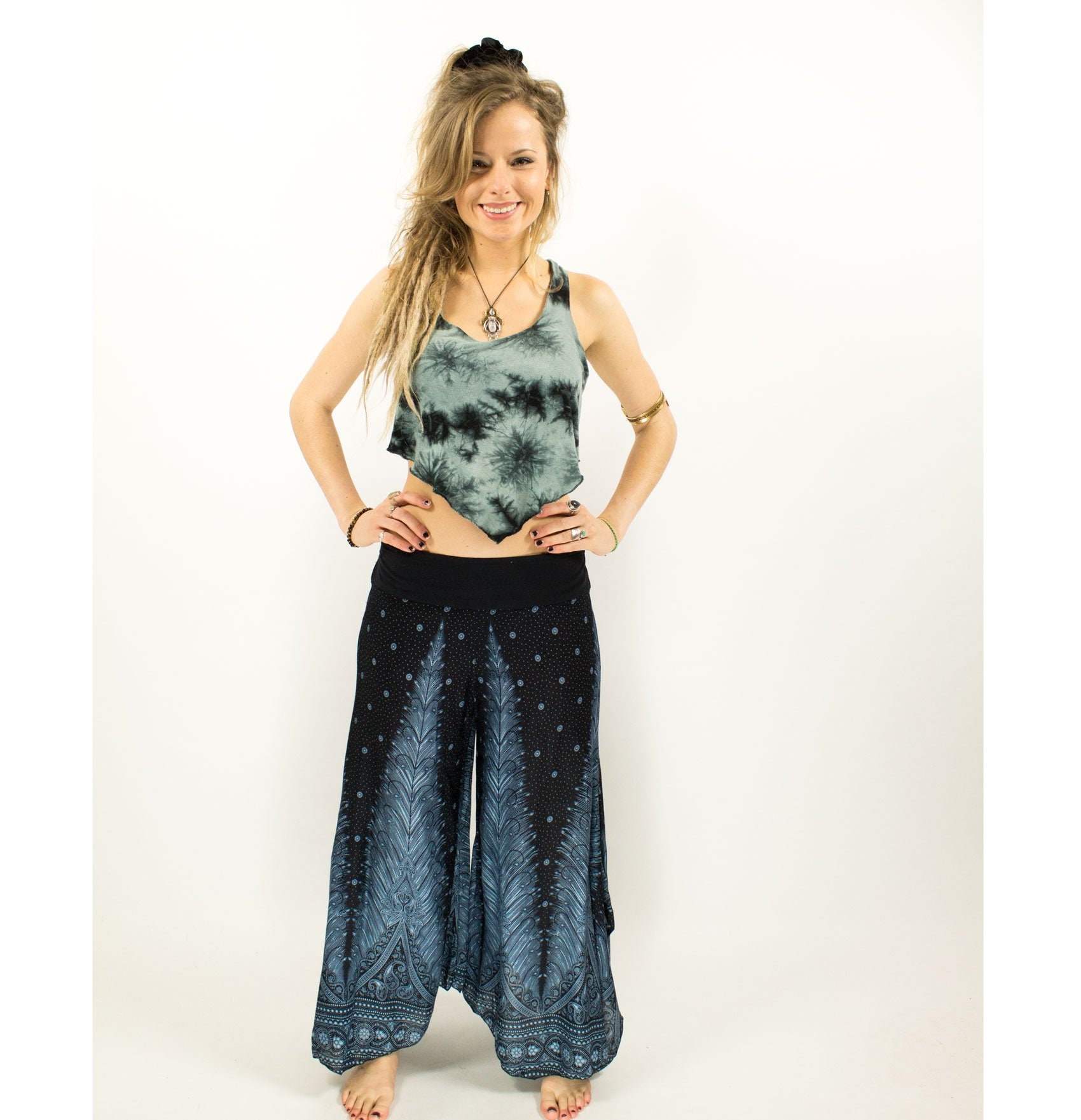 Image of Boho Blue Feather Palazzo Pants, Yoga Hippie Harem Culottes