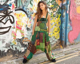 Hippie Patchwork Cotton Baggy Dungarees Stonewashed Handmade Overalls Boho jumpsuit Harem Dungarees