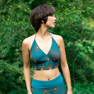 Turquoise Bikini Crop Top, Peacock Print, Hippie Psy Trance Crop Top