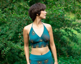 Turquoise Bikini Crop Top, Peacock Print, Hippie Psy Trance Crop Top