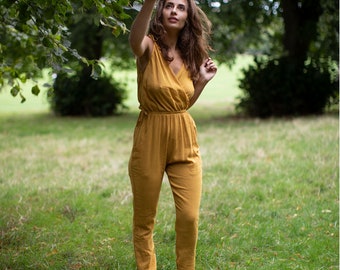 Gele katoenen hoog getailleerde Boho hippie jumpsuit