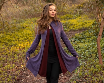 Purple Hooded Pixie Boho Coat Hippie Elf Jacket with Buckle