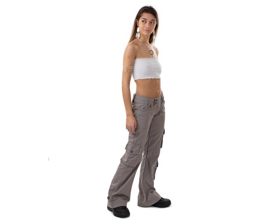 Grey Flared Cargo Pants Camo Bellbottom Low Rise Trousers 