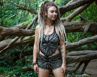 Tree of Life Fractal, Tie Dye Halterneck Hankerchief Top, Psy Hippie Boho Festival Top, Hoop Yoga Top