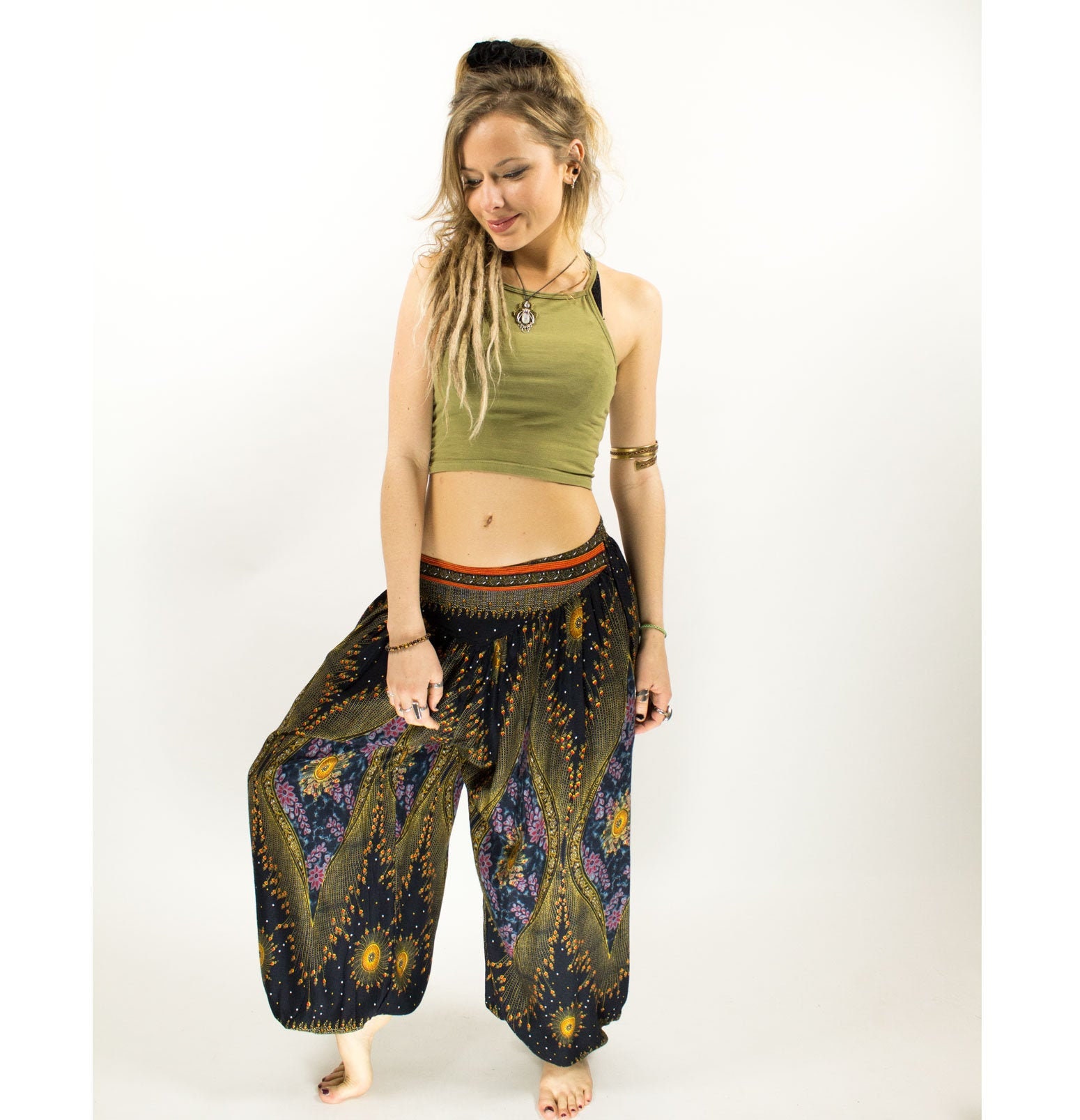 Image of Boho Peacock Paisley Blue Hippie Yoga Harem Pants