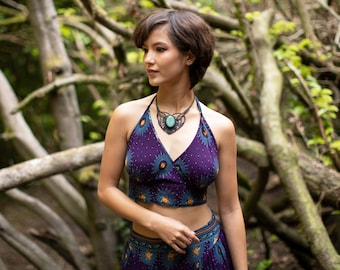 Purple Bikini Crop Top, Peacock Print, Hippie Psy Trance Crop Top